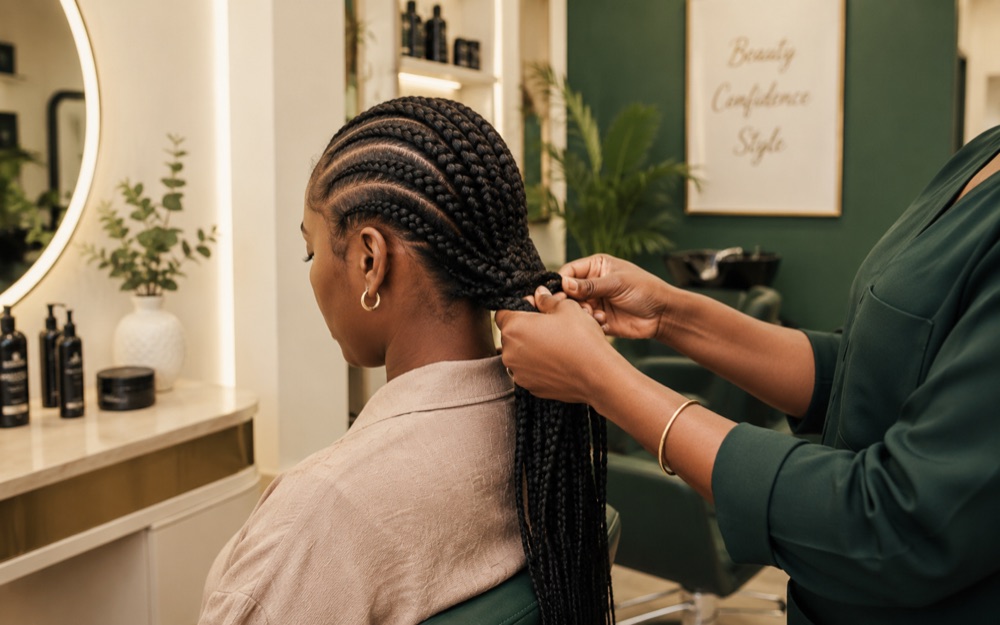 A stylist finishing a braid in a salon