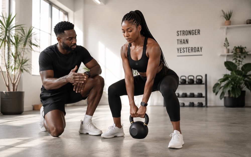 A personal trainer coaching a client
