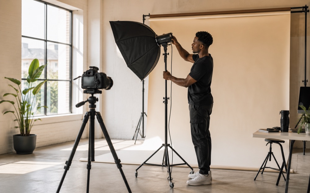 A photographer setting up lighting in a studio