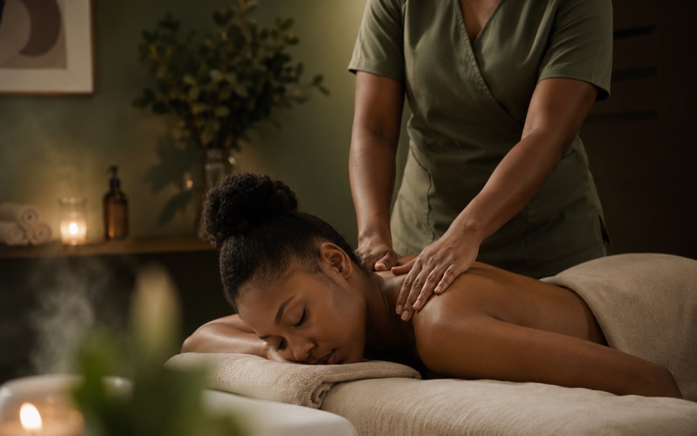A massage therapist working with a client