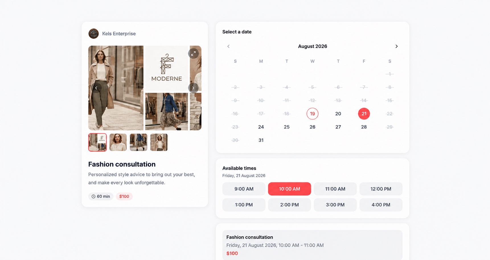 The Calendyfy booking page a customer sees