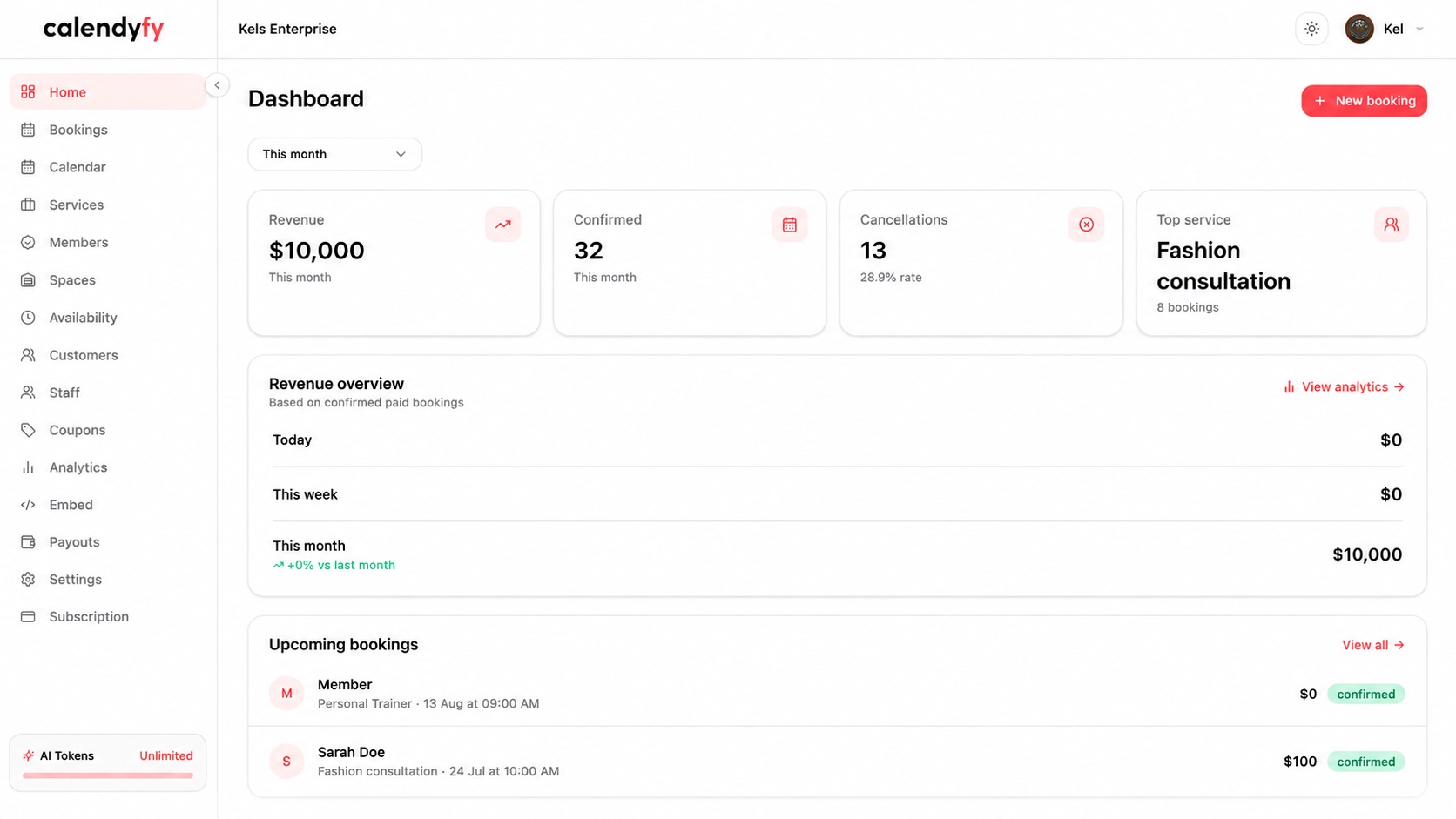 The Calendyfy dashboard showing bookings and revenue